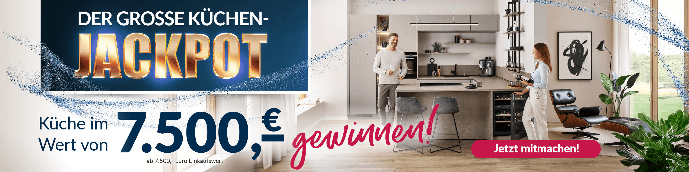 Gewinnspiel Küche 7.500 Euro, moderne Küche mit Kochinsel und Paar im Wohnraum.