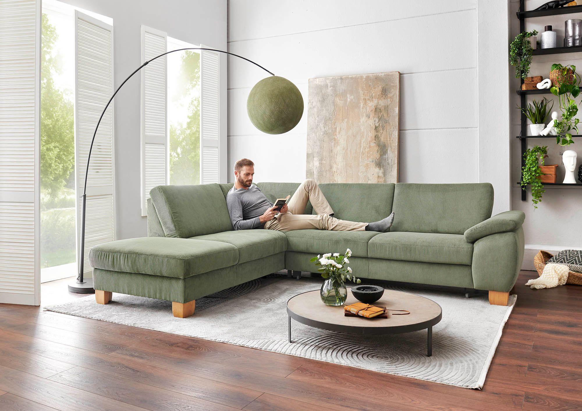 Polstergarnitur in Feincord Farbe Forest - Grün mit Umbauecke links und Armlehne rechts