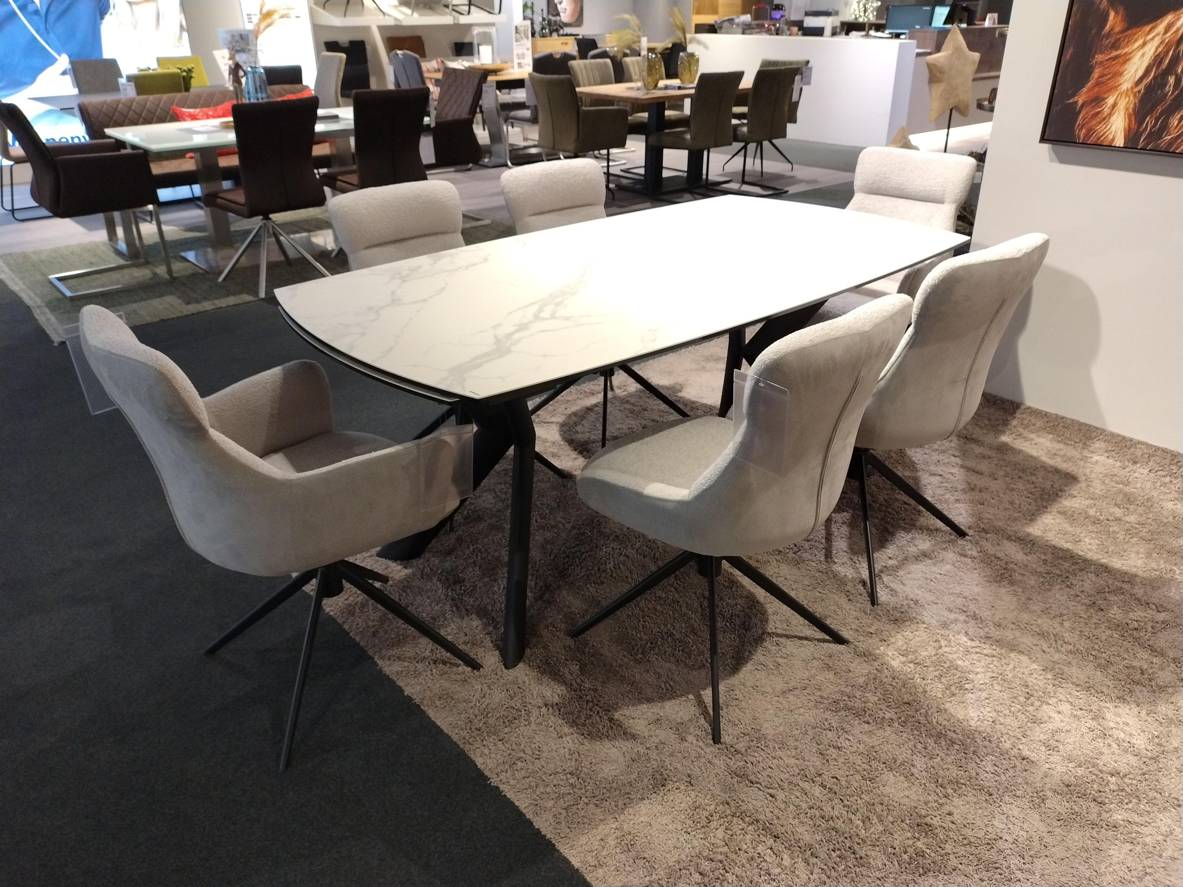 Essgruppe mit Esstisch Platte hell marmoriert Keramik auf Glas und 6 Stühlen