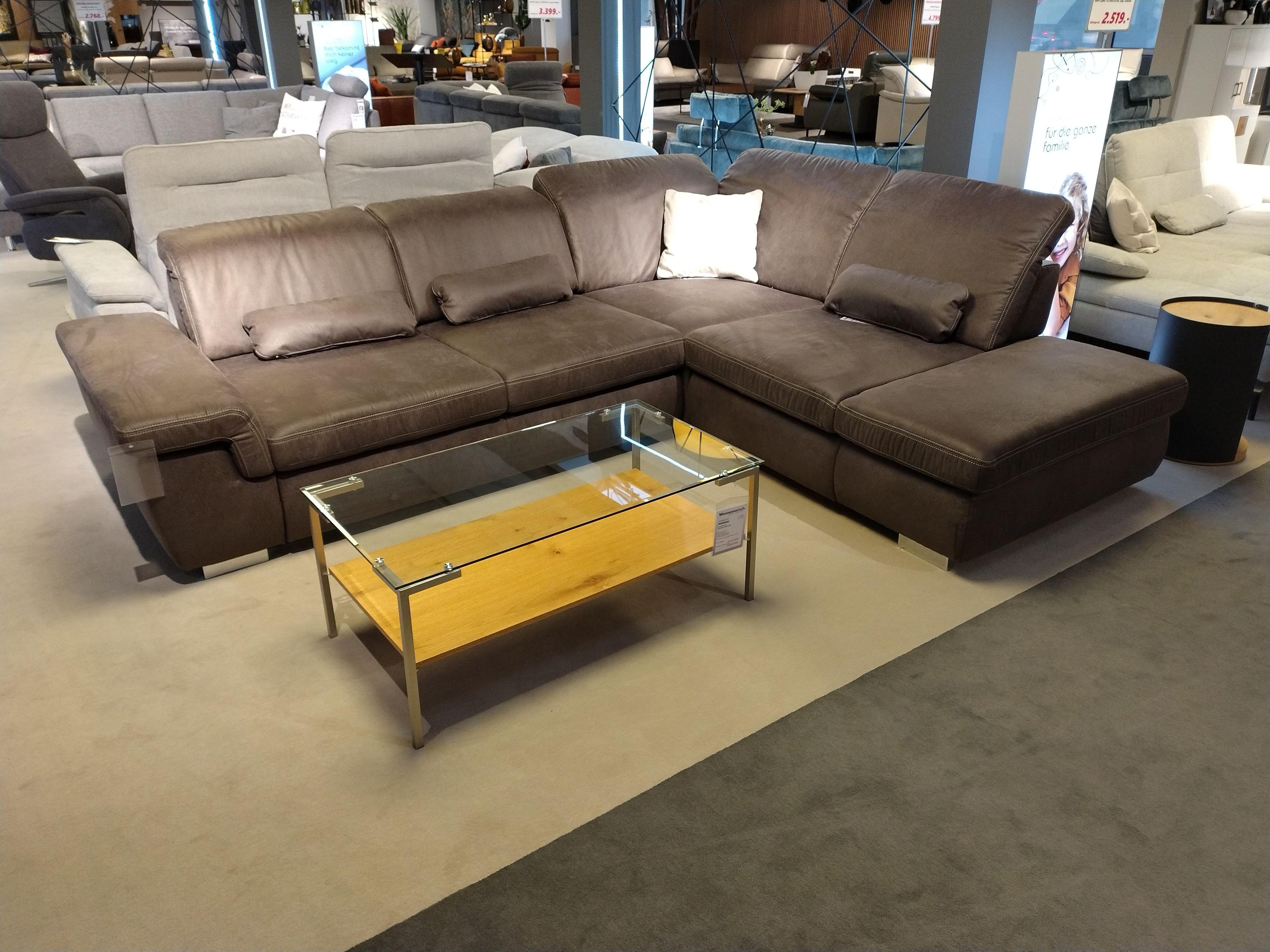 Sofagarnitur in L-Form mit Bezug brauner Mikrofaserstoff inklusive Nierenkissen langer Schenkel links und kurzer Schenkel rechts