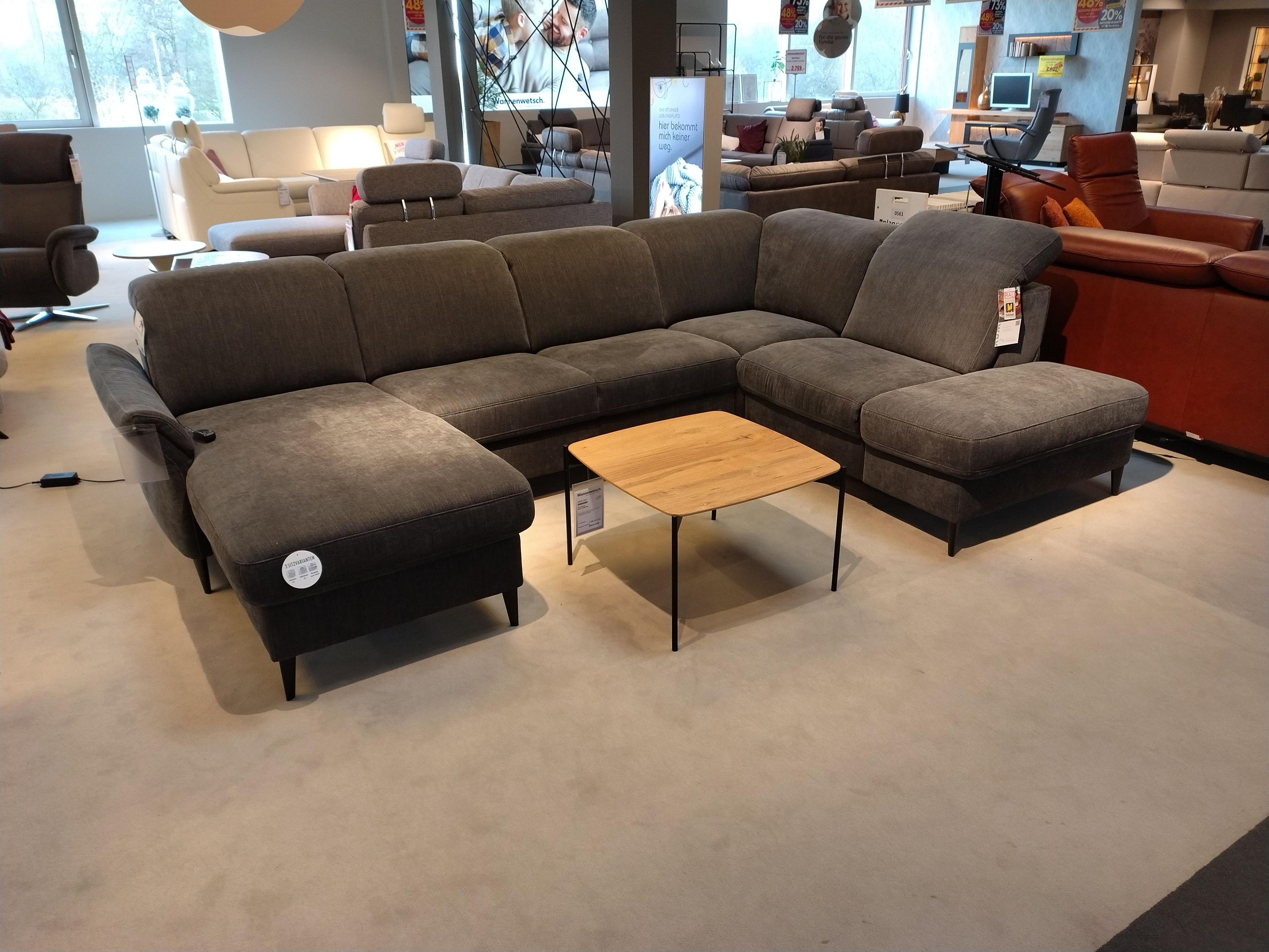 U förmige Sofagarnitur mit Longchair links und offenem Abschluss rechts in Stoff Farbe Slate