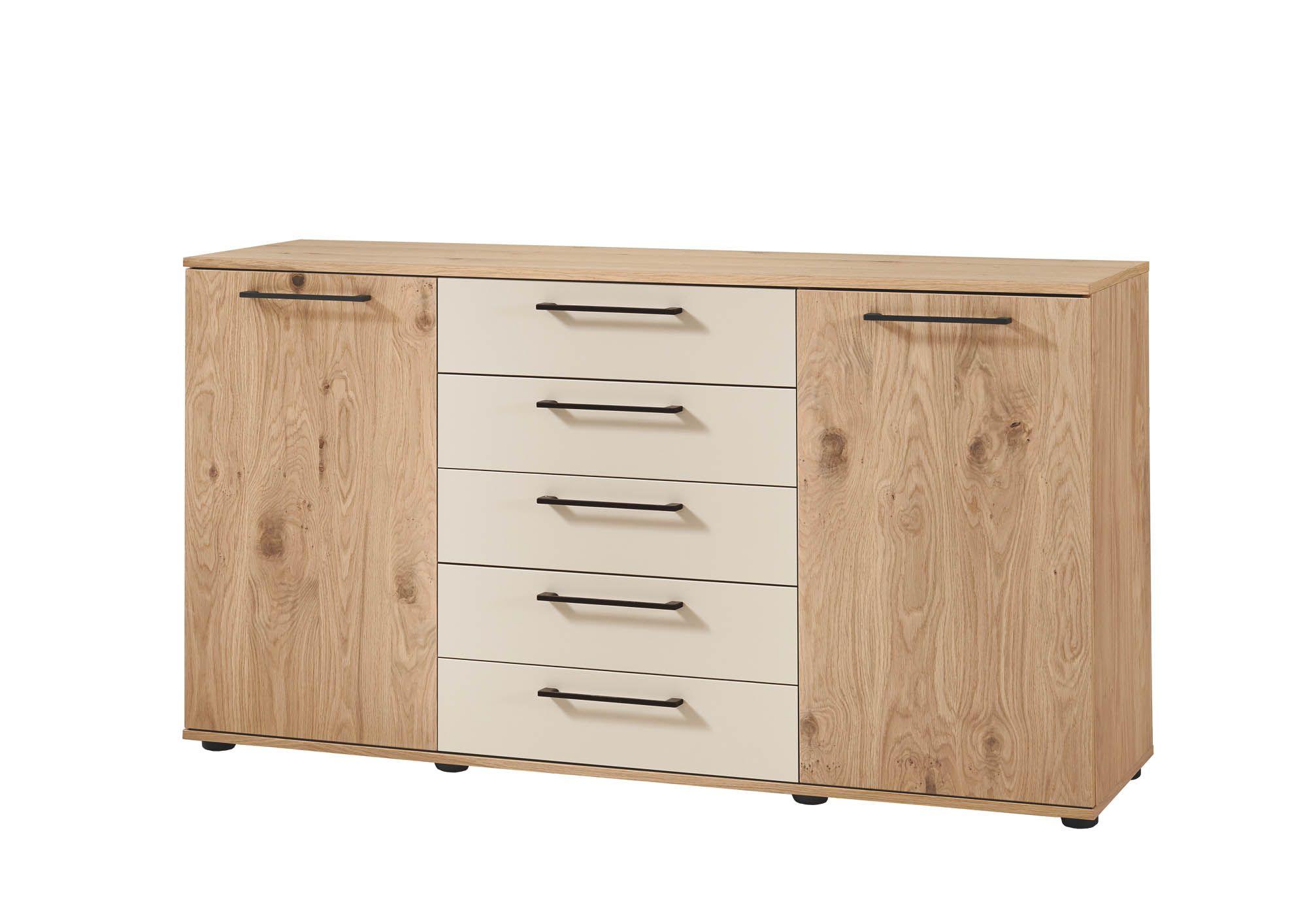 Kommode Korpus und 2 Türen in Balkeneiche furniert, 5 Frontschubladen in Lack sand