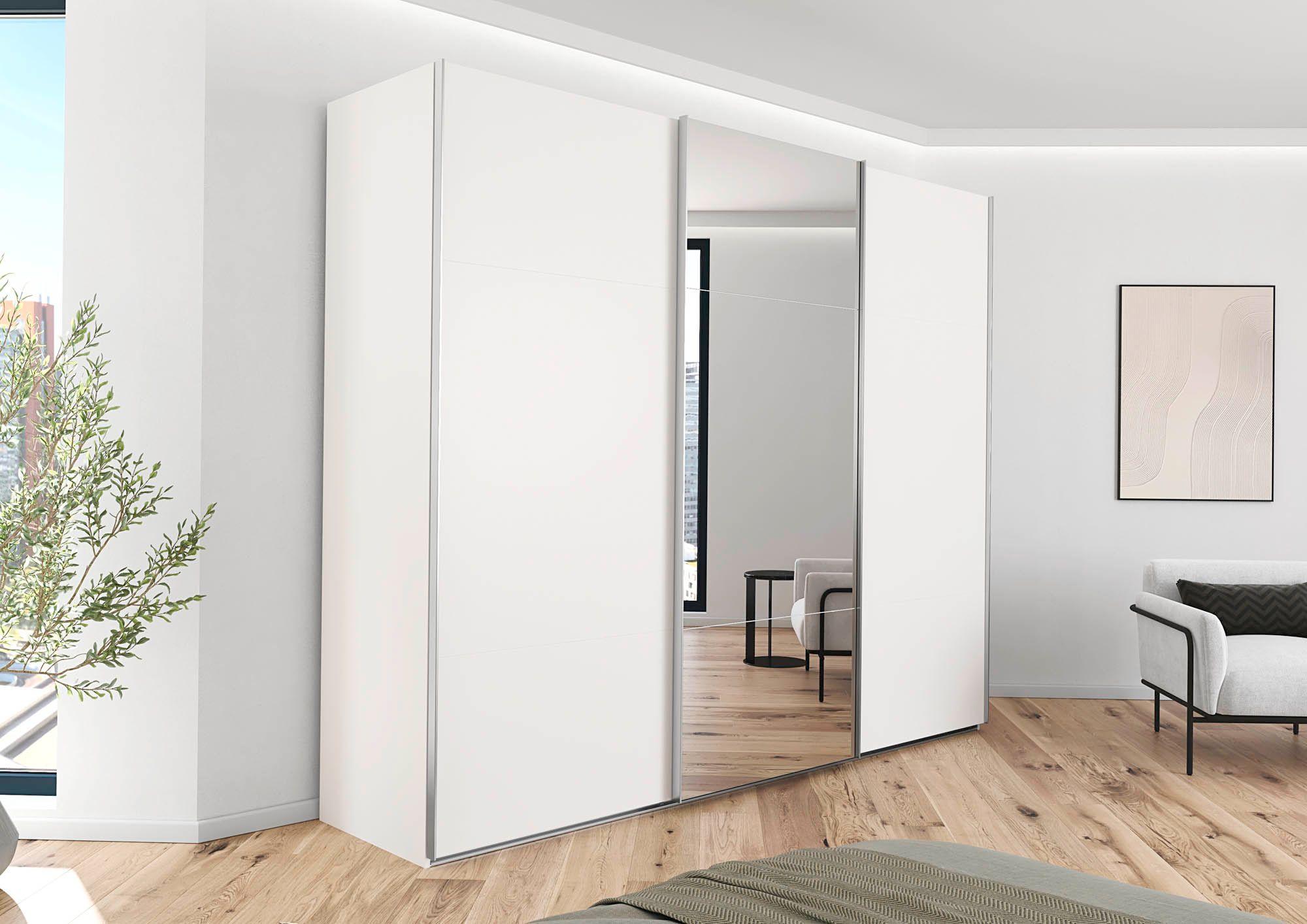 Schwebetürenschrank 3-türig Korpus und Front weiß mittig Spiegeltür B/H/T ca. 217/223/68 cm 