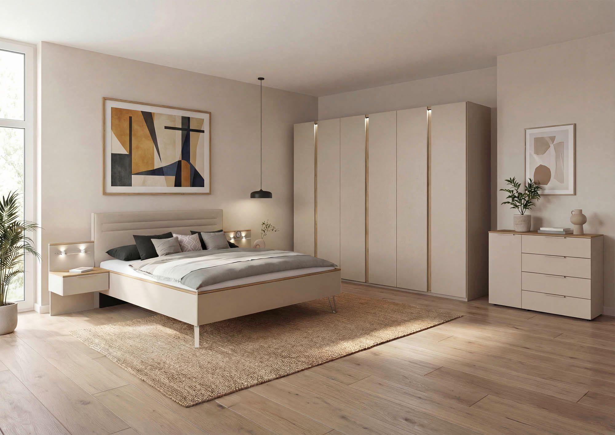 Schlafzimmer mit 6-türigem Drehtürenschrank, Bett mit Polsterkopfteil Liegefläche ca. 180 x 200 cm und 2 Nachtkonsolen mit schwebender Optik