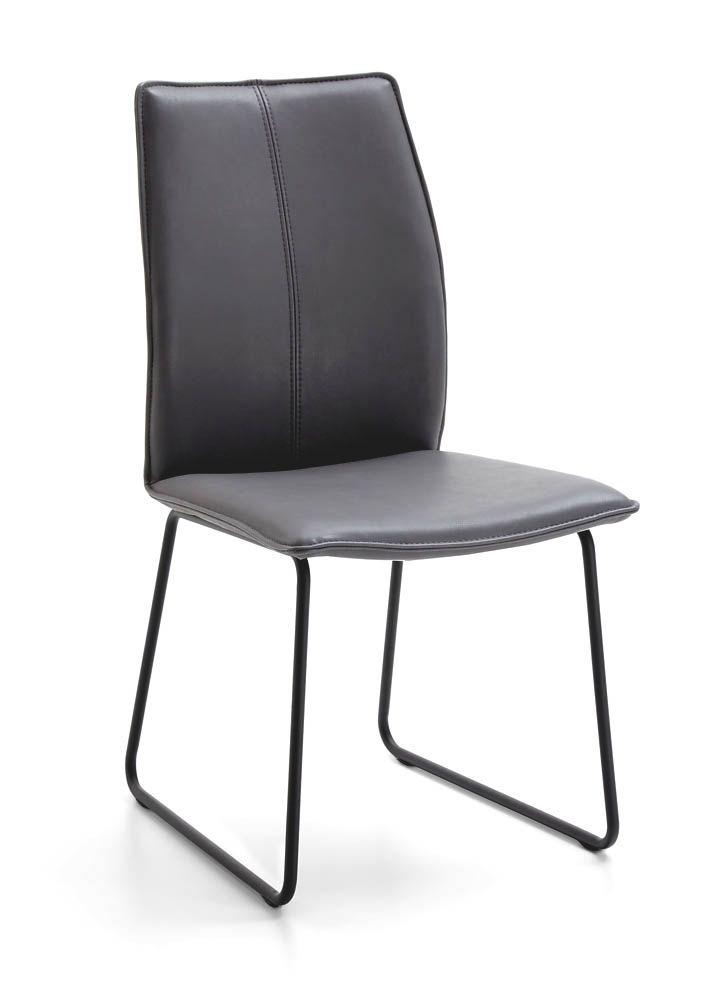 Stuhl in Bezug Echt Leder Farbe grau mit Kufengestell in schwarzem Metall