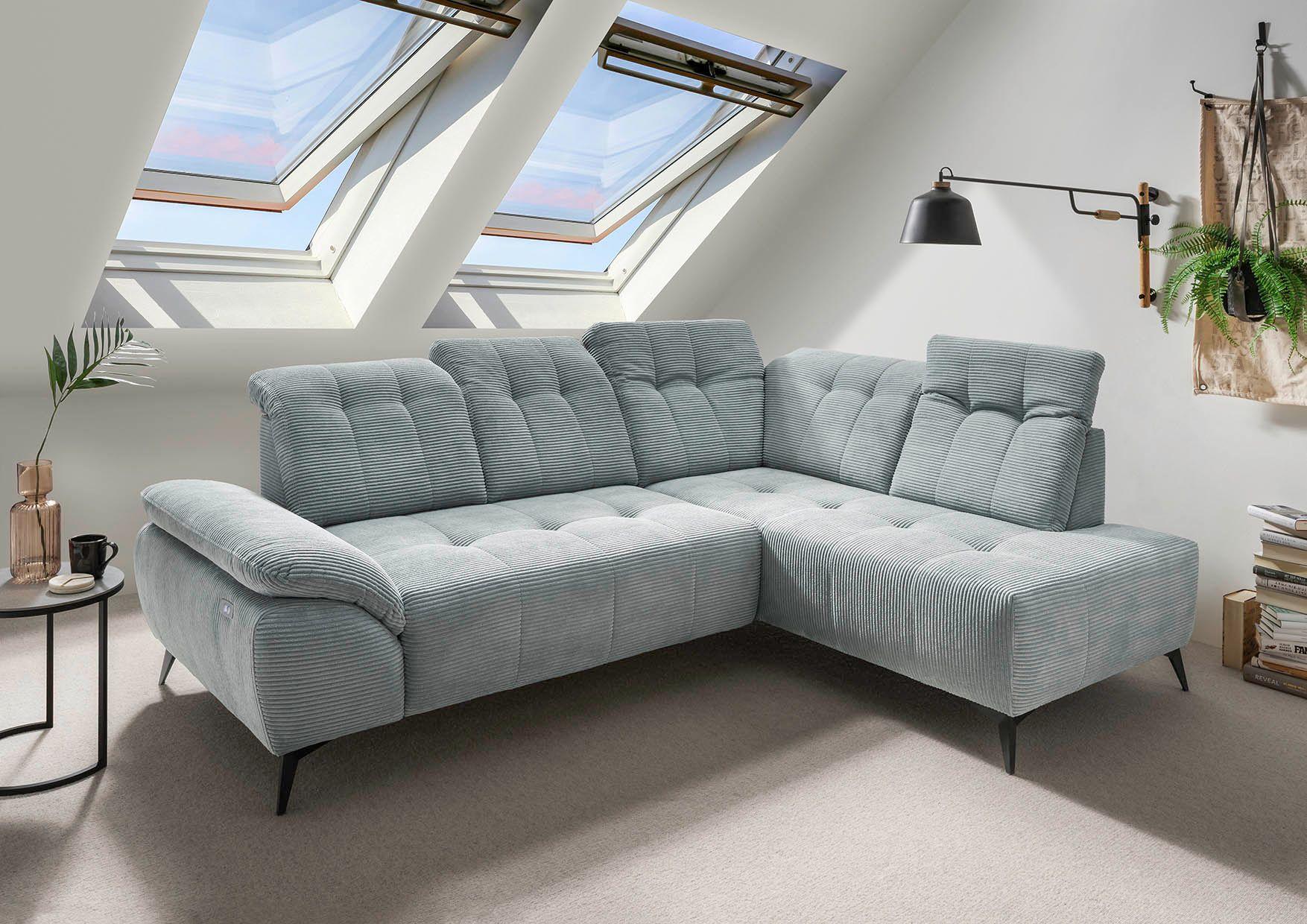 Polstergarnitur mit Armlehne links und Umbauecke rechts, Bezug Stoff Cord Farbe türkis, Fuß Metall schwarz