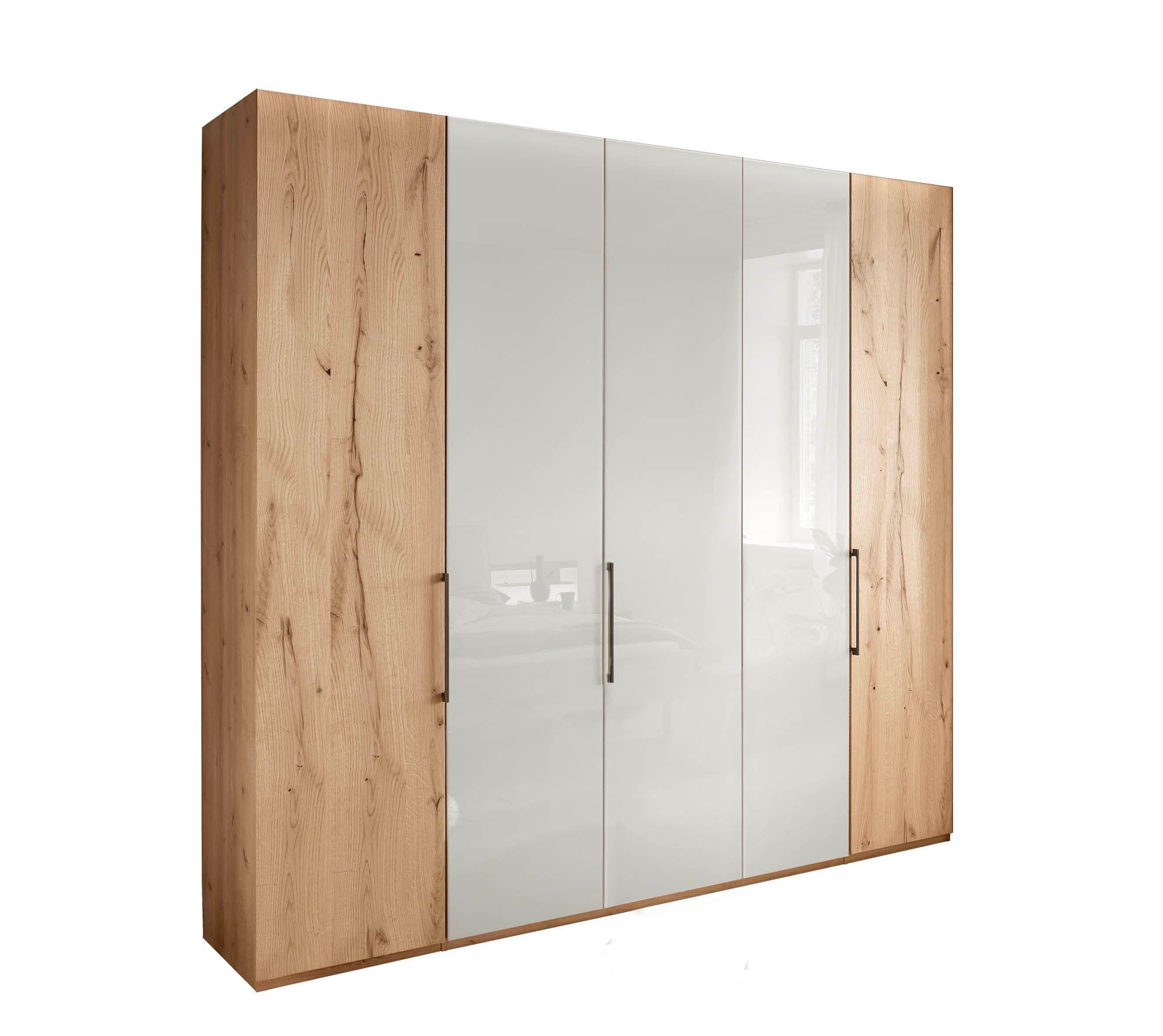 Drehtürenschrank 5-türig, beide äußere Türen in Massivholz und 3 Glastüren mittig 