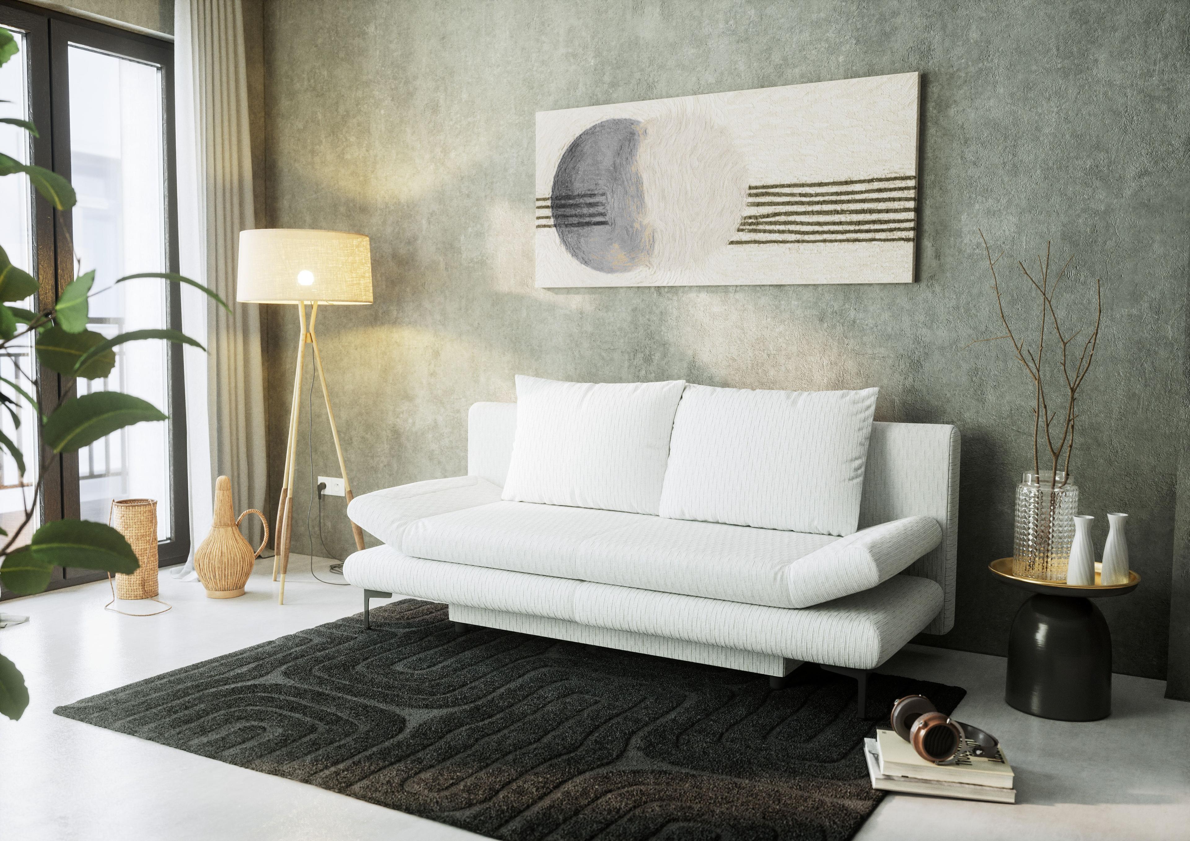 Funktionssofa in cremefarbenem Stoff mit 2 Rückenkissen