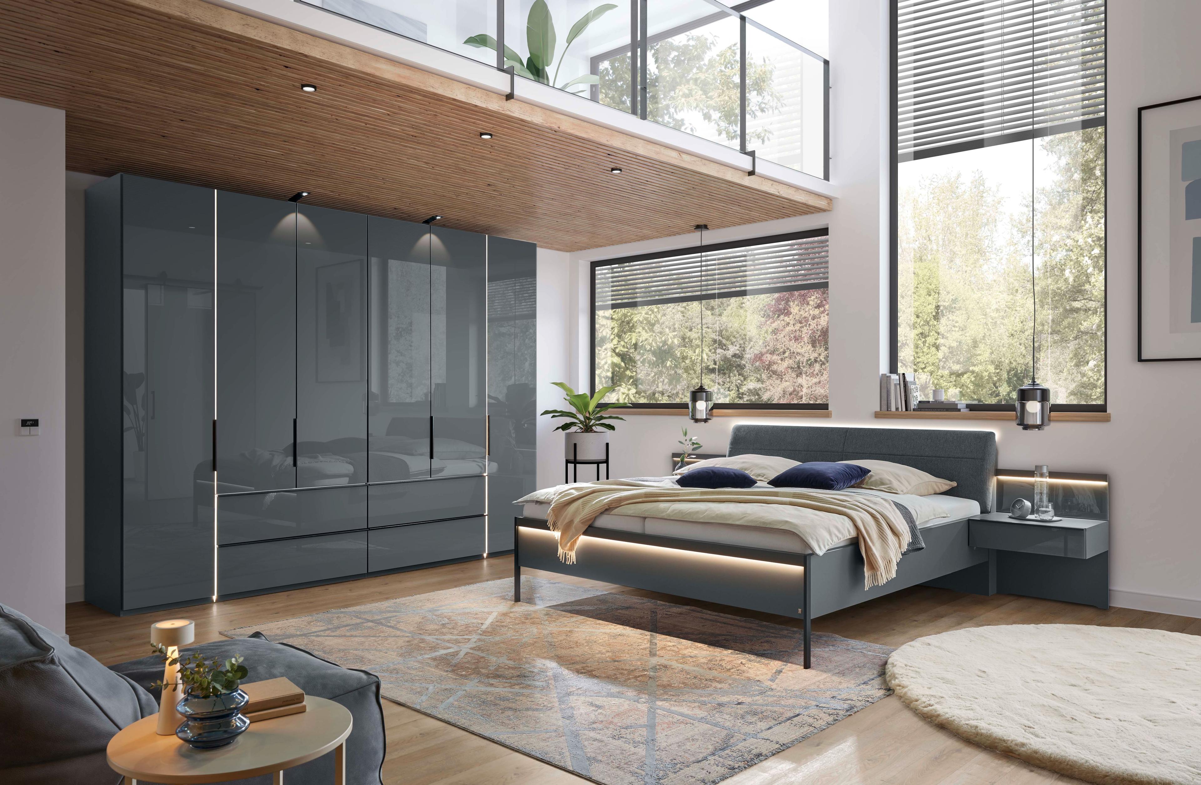 Falttürenschrank mit Frontschubladen, Front Glas graphit, Bett mit Polsterkopfteil, Liegefläche ca. 180 x 200 cm