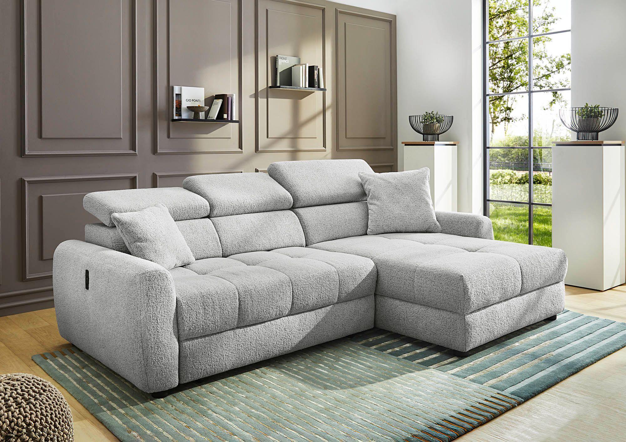 Polstergarnitur mit Armlehne links und Longchair rechts, Stoff Flachgewebe hellgrau meliert, inkl. zwei Kissen und manuellen Kopfteilverstellungen