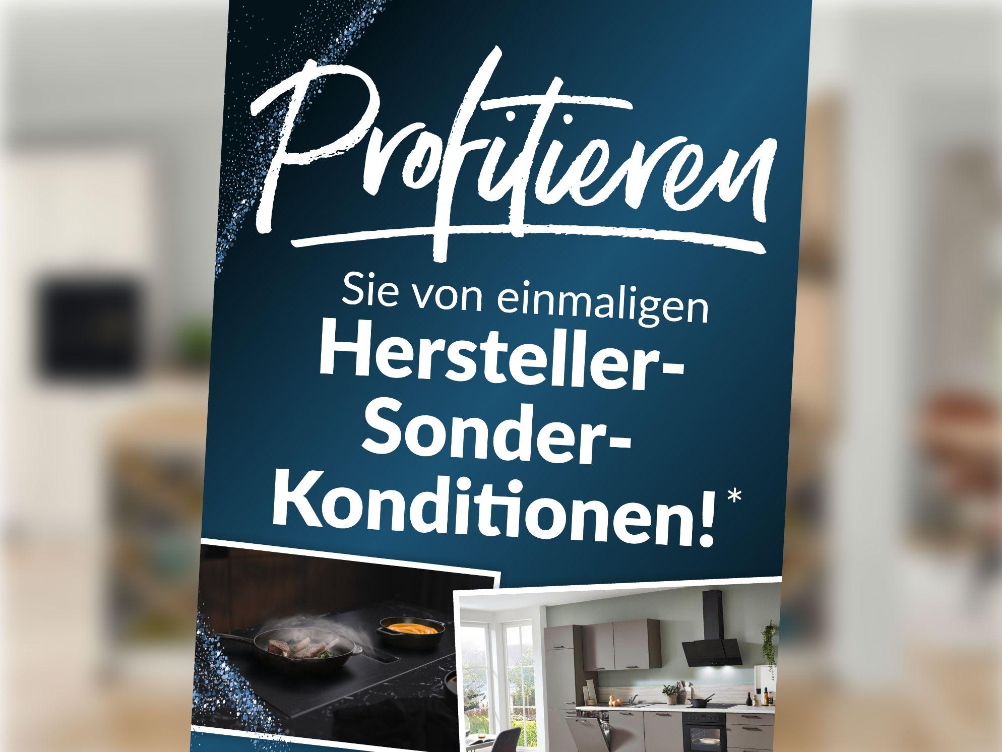 Moderne Einbauküche und Kochfeld mit Hinweis auf exklusive Hersteller-Sonderkonditionen.