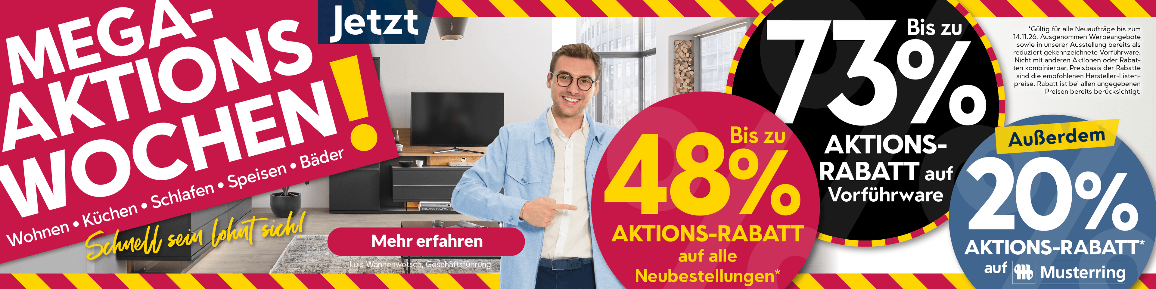 Mega Aktionswochen 2026 mit 43% Rabatt auf Neubestellungen, 73% Rabatt auf Ausstellungsstücke und 20 % Rabatt auf Musterring.