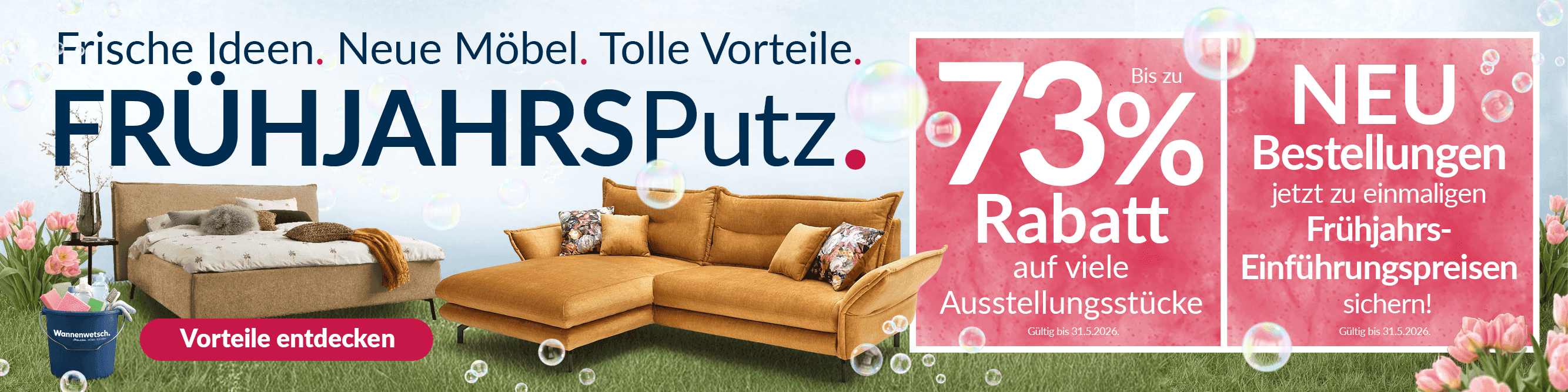 Möbel Frühjahrsputz mit Sofa und Bett, bis zu 73 Prozent Rabatt auf Ausstellungsstücke.