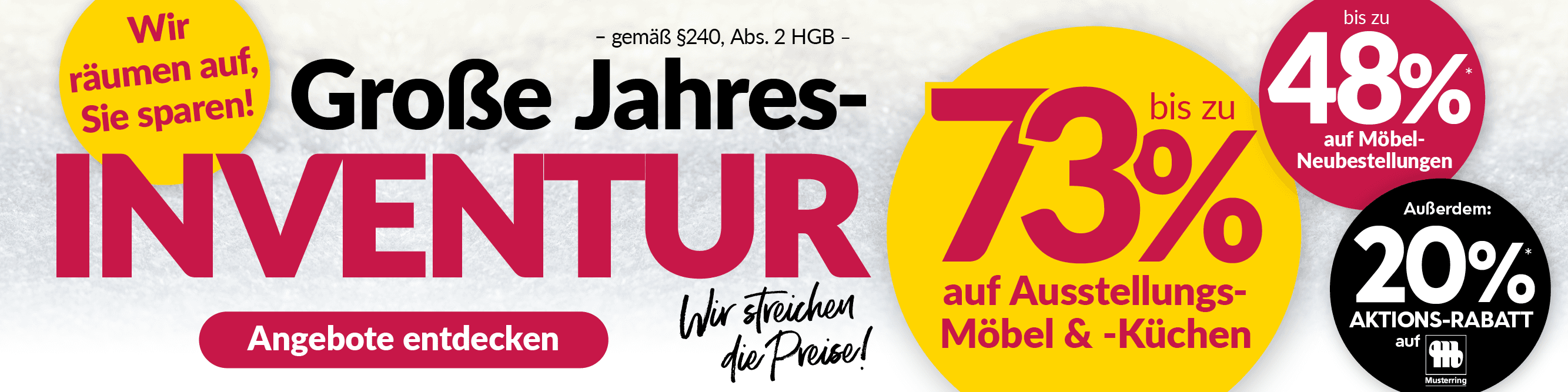 Grafik zur großen Jahresinventur bei Wannenwetsch mit Hinweisen auf bis zu 73 % Rabatt auf Ausstellungs-Möbel und -Küchen sowie weiteren Aktionsrabatten.
