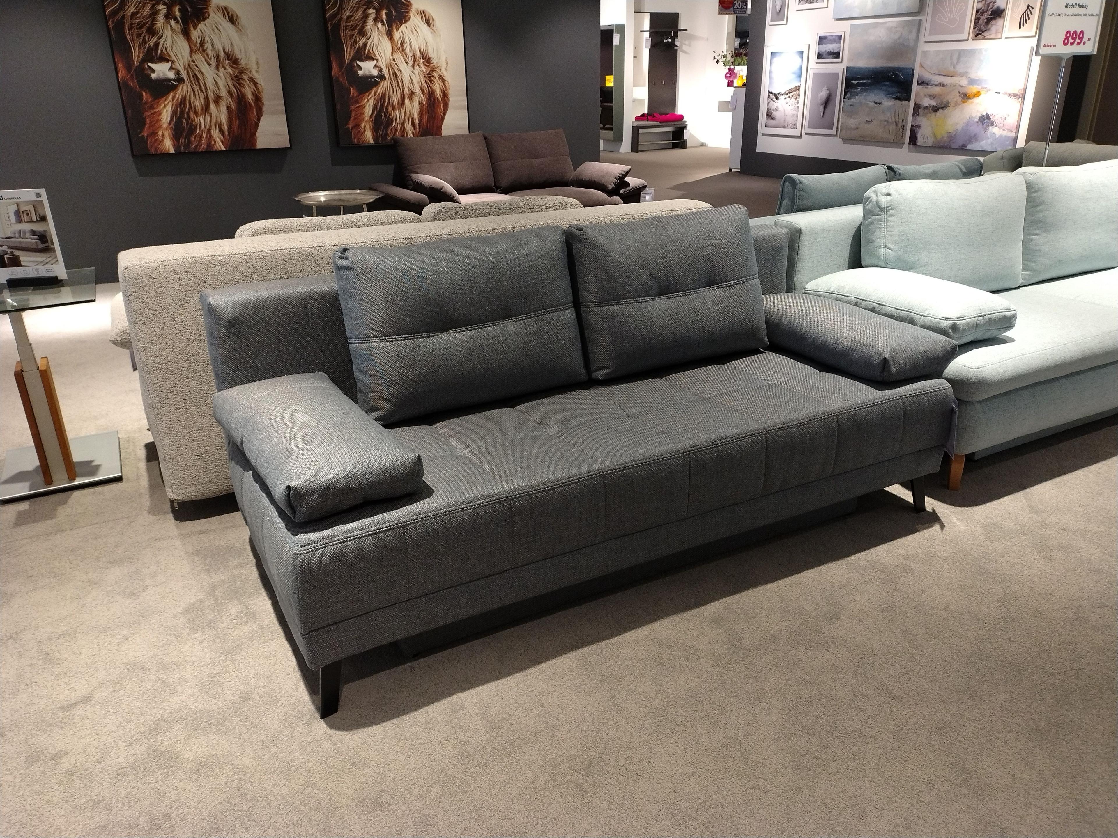 Funktionssofa 3-Sitzer mit zwei Rückenkissen und zwei Armlehnkissen in blau gewebtem Stoff