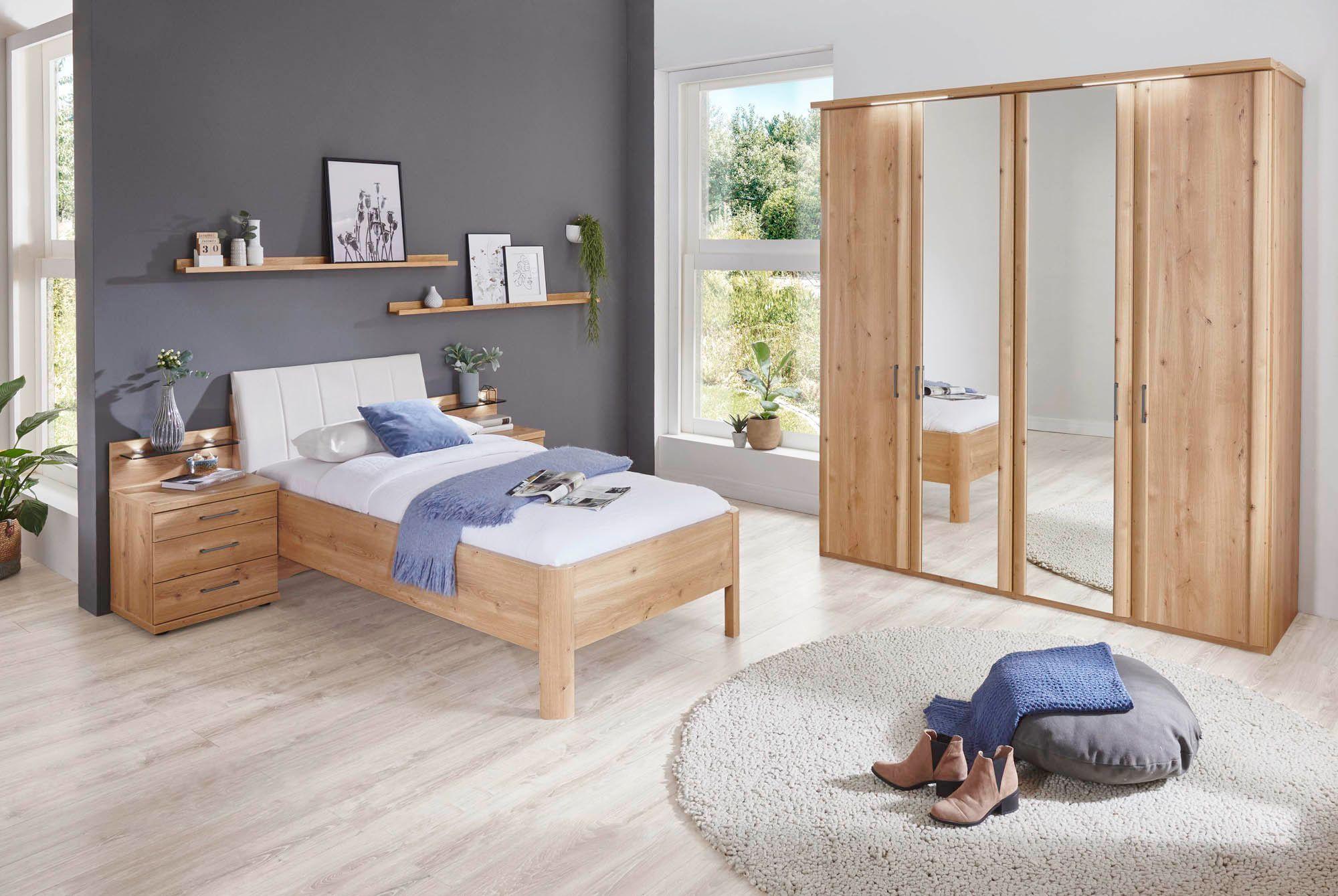 Schrank 4-türig mit 2 Spiegeltüren, Bett Liegefläche ca. 100 x 200 cm, 2 Nachtkommoden stehend