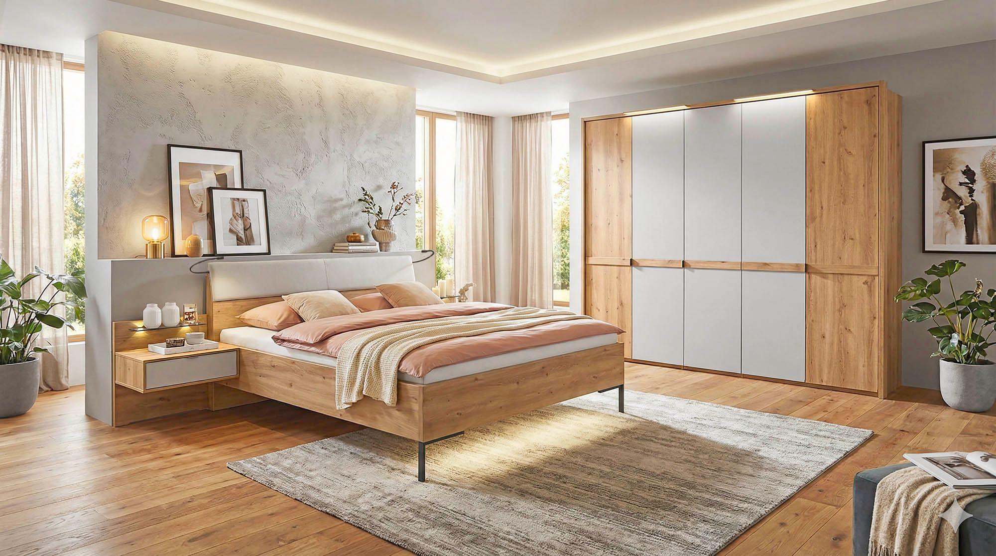 Schlafzimmer Eiche Bianco Nachbildung, Absetzung Dekor Champagner